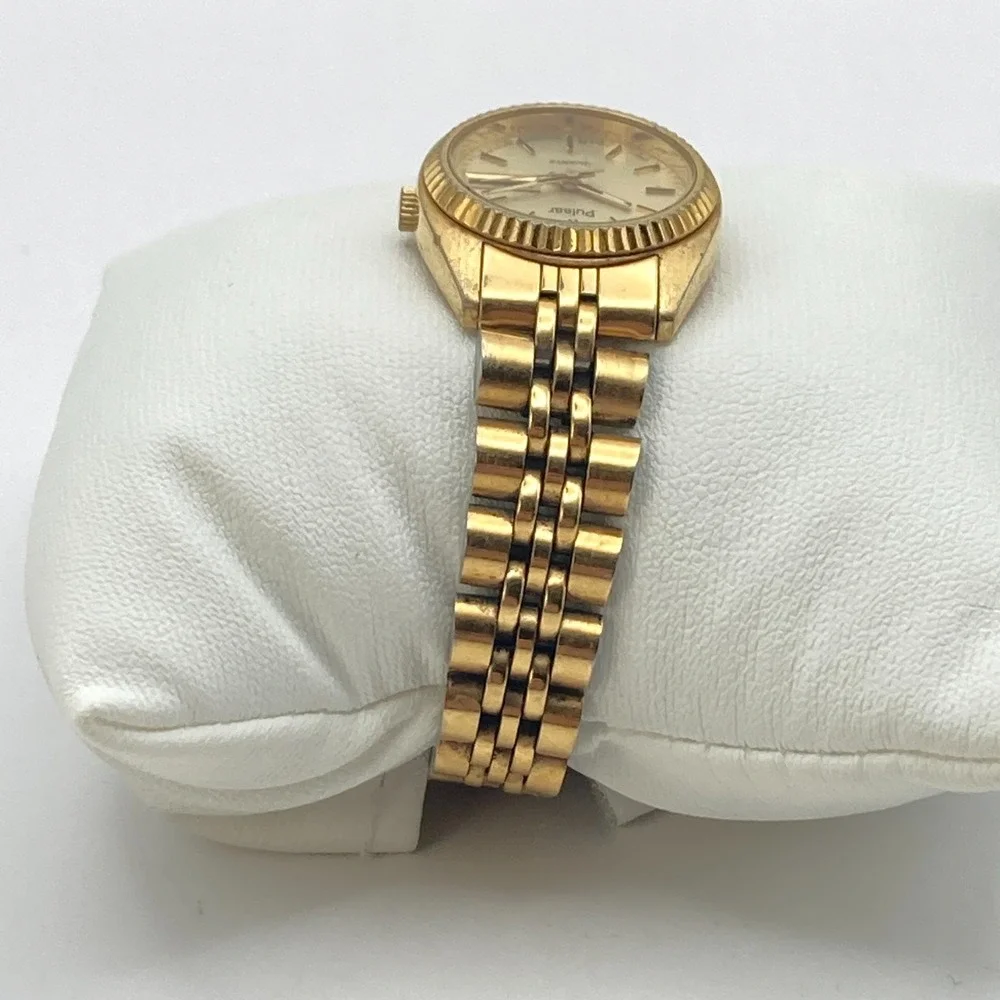 Vtg Pulsar Women's Watch 24mm Gold Tone V248-0020 Day Date New Battery SMALL 6